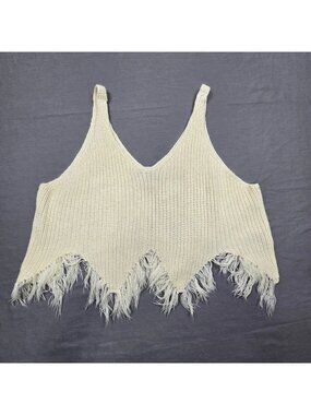 Rock & Roll Denim XL Cropped Fringe Hem Knit Tank Beige Boho Festival Boxy